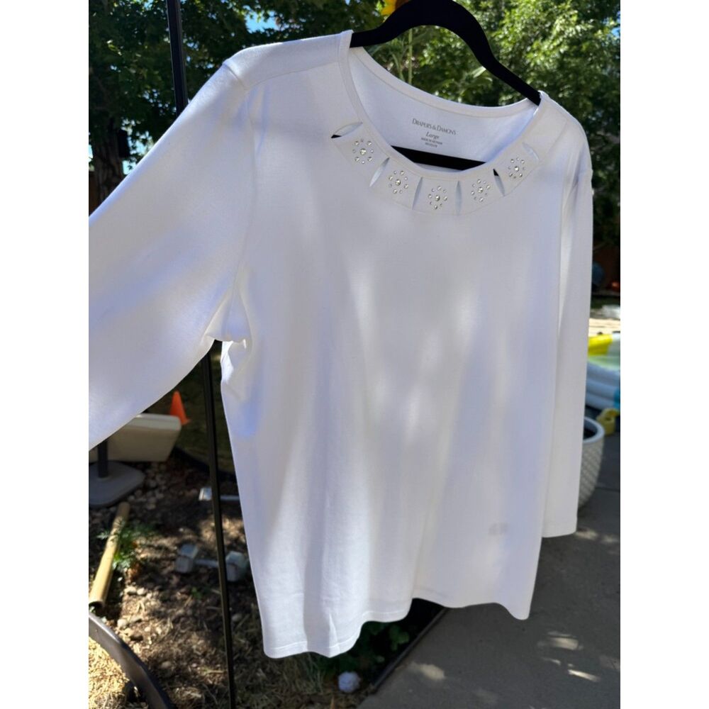 Drapers and Damons White Silver Studed Peek-A-Boo 3/4 Sleeve Top L